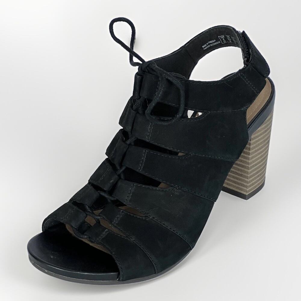 Clarks Bandy Waneta Womens 8.5 M Black Nubuck Leather Lace Up Block Heel Sandals